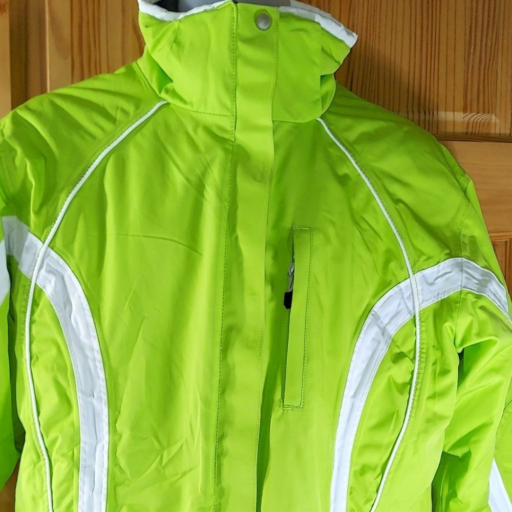 Chalet Ski Coat Winter Jacket w/ Hood Double Zip Women's L Lime Green Reflective